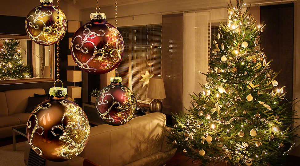 Christmas tree reflections in living room