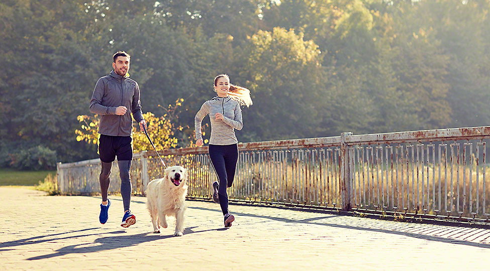 happy couple with dog running outdoors
